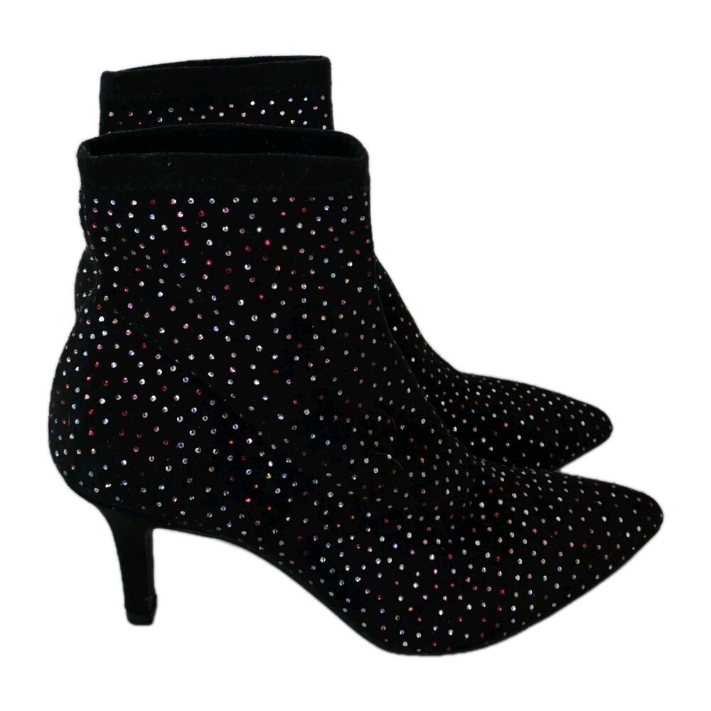INC International Concepts 7.5 Bray Sock Black Heel Booties W Red Rhinestones - Picture 1 of 14